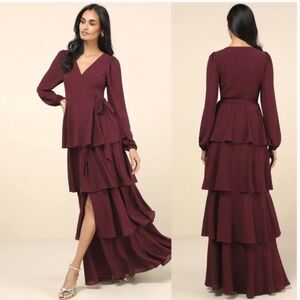 NWT Lulus Small Marvelous Grace Plum Long Sleeve Tiered Wrap Maxi Dress Sz XS‎